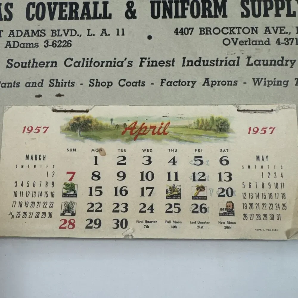 Vintage 1957 Atlas Coverall & Uniform Calendar California